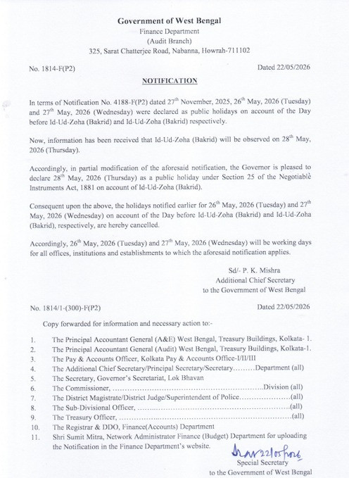 Eid holiday in the state on May 28, statement by Subhendu Sarkar