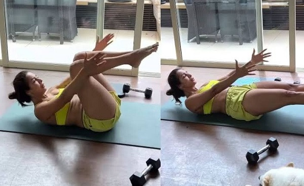 Malaika Arora does some advanced core exercises in the gym