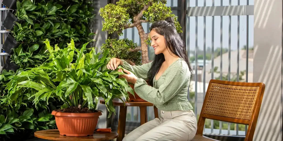 Hanging planters filled with flowers and herbs arranged along a sunny apartment balcony railing.